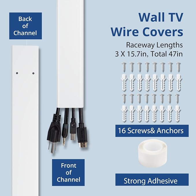 47in TV Cord Hider, Adhesive & Screw Mount Large Cable Hider Kit | Cord Covers for Wall Mount TV, Paintable Cable Management Cord Organizer, Wire Hiders for TV on Wall L15.7inW2inH0.7in, Beige