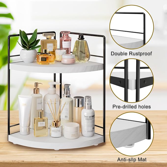 2-Tier Bathroom Corner Organizer Shelf, Wood & Metal Countertop Storage Rack, 2-Pack