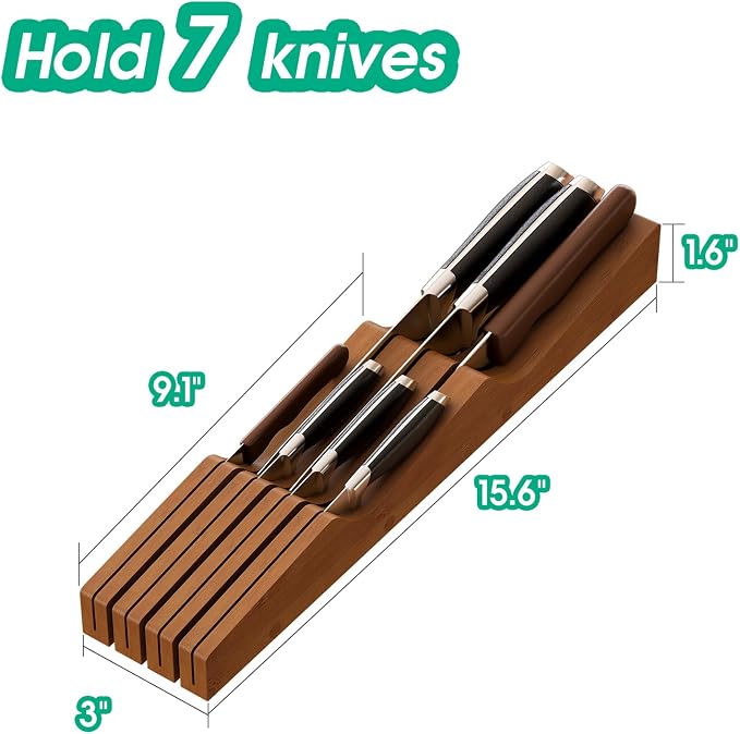 Knife Drawer Organizer (Brown, 7 Knives Organizer)