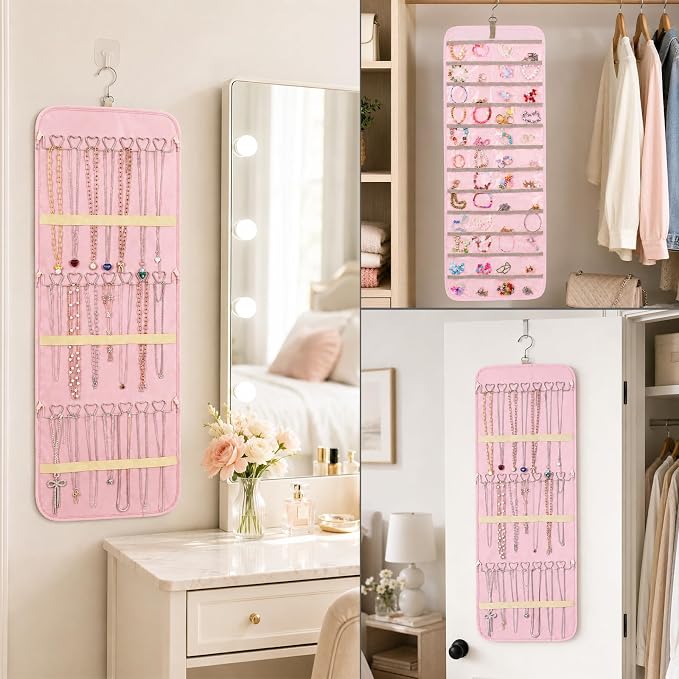2 Pack Hanging Jewelry Organizer Storage with 48 Pockets and Hooks Dual-Sided Hanging Jewelry Organizers and Storage Hang on Closet, Wall, Door for Earrings, Necklaces, Rings,Pink