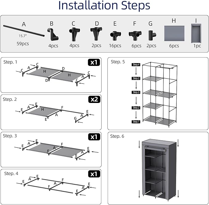 Portable Closet, Wardrobe Closet with 6 Storage Shelves and 2 Hanging Rods, Non-Woven Fabric Cover, 34.6 x 17.7 x 66.1 Inches Closet Organizer for Bedroom, Gray