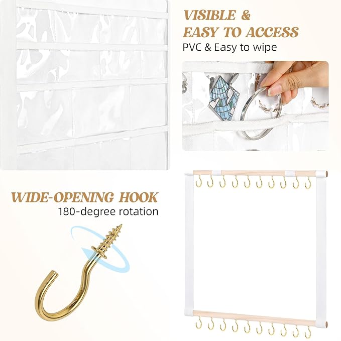Hanging Jewelry Organizer with 20 Hooks & 14 Pockets for Women | Wall Mounted Necklace Holder Organizer With Detachable PVC Bags for Tavel, Jewelry Necklace Earring Bracelets Display