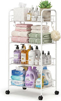 PLKOW 4-Tier Rolling Utility Cart with Detachable Baskets, White | 4-tier steel cart with detachable baskets, anti-fall pads, hooks, and 360° wheels for compact home storage.