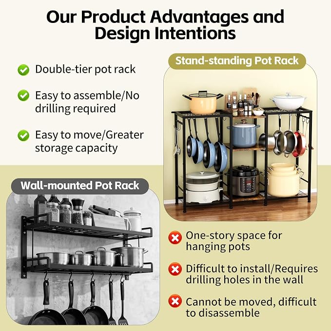 Pot Rack —Expandable Pot and Pan Organizer Rack, Freestanding Kitchen Pot and Pan Rack Storage Stand, Vertical Pan & Lid Hanging, Rustic Wood Top for Kitchen Storage & Organization