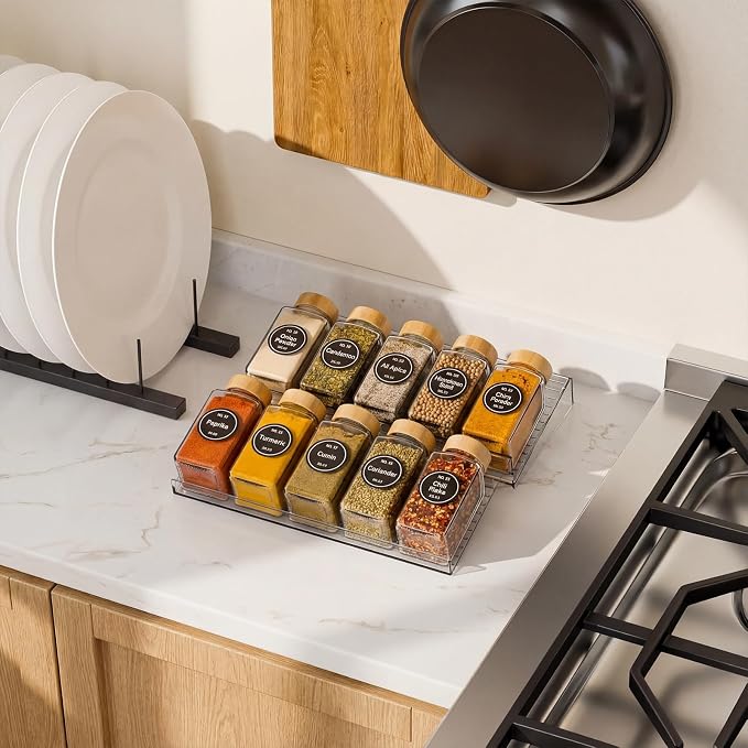 LETGO 8 Pack Adjustable Spice Rack for Drawer - 9" to 17.7" Expandable Spice Drawer Organizer 4 Tier Acrylic Seasoning Organizer Rack,Clear Spice Rack Tray for Spices,Condiment,Nail Polish and Jar (8)