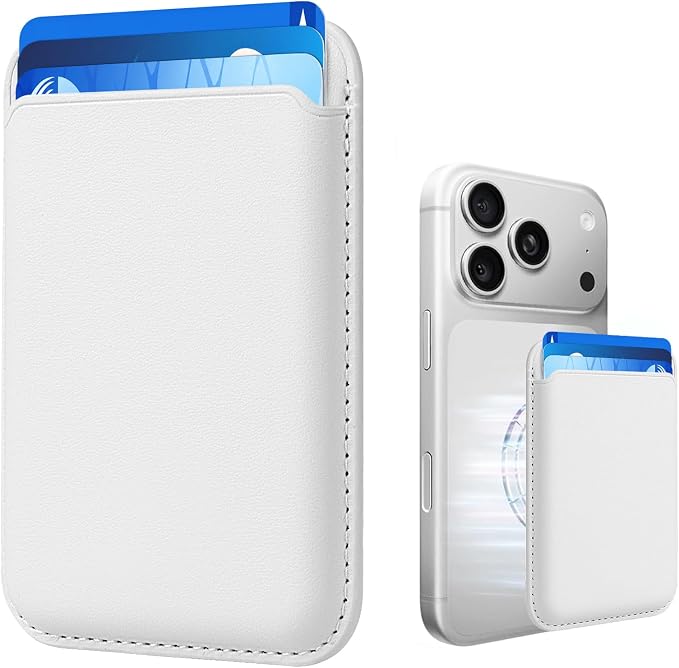 Magnetic Wallet Phone Card Holder for Phone Case with Mag-Safe, Stronger Magnetic RFID Leather Phone Wallet Stick on Series of iPhone 17/16/15/14/13/12 and Pro/Promax, Pearl White