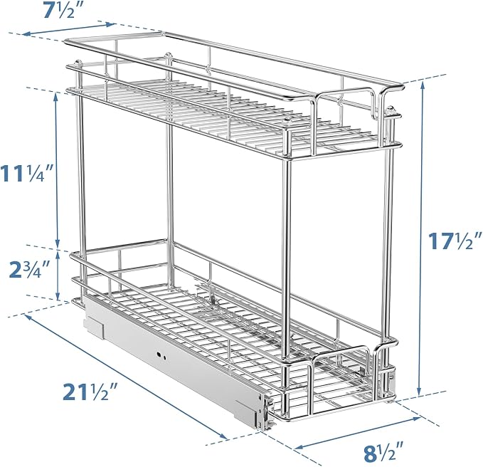 ROOMTEC Pull Out Spice Rack for Narrow Cabinet (8½" W X 21" D),2 Tier Slide Out Cabinet Organizer and Pull Out Shelves Under Cabinet Storage for Kitchen, Chrome