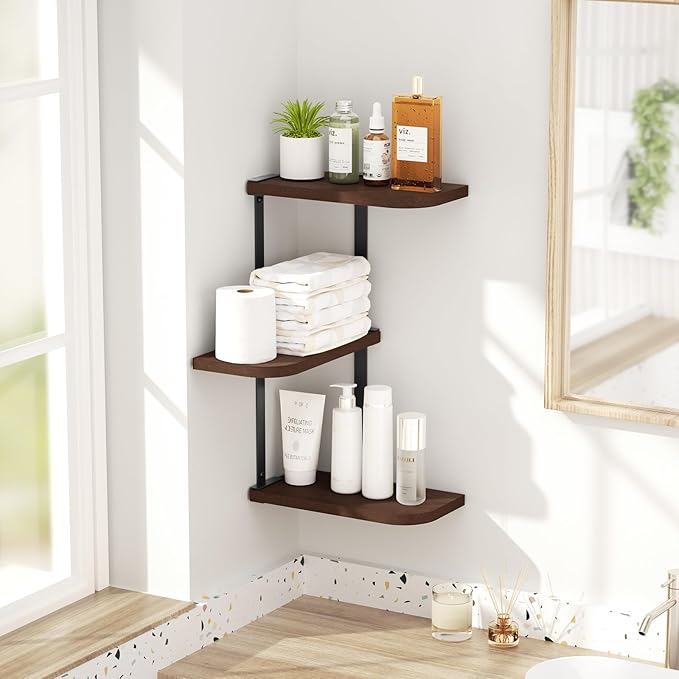 Love-KANKEI Corner Wall Shelf 3 Tier,Solid Wood with Bracket,17"Tall,Walnut | Floating Wall Shelves,Easy to Install,Capacity 26 Lbs,For Bedroom Living Room Bathroom Kitchen Office Display,Wall Decor