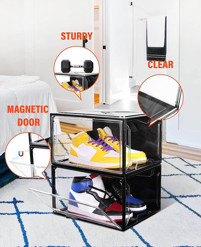 KDOR Shoe Boxes Black Plastic Stackable 10 Pack Sneaker Storage Boxes with Magnetic Door, Acrylic Display Case, Strong and Sturdy Fit Shoe Size Up to US 15（Side 10 PACK BLACK）