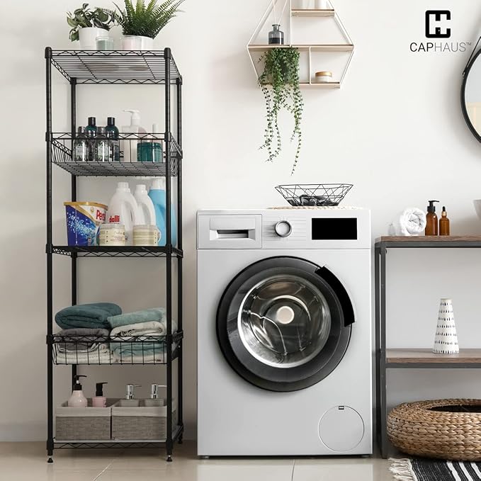 CAPHAUS NSF Adjustable Height 5 Tier Wire Shelving Unit w/Basket & Liner, Storage Rack Corner Shelves, Metal Storage Rack for Kitchen, Bathroom, Laundry Closet, Wire Shelving w/Basket Shelves Black