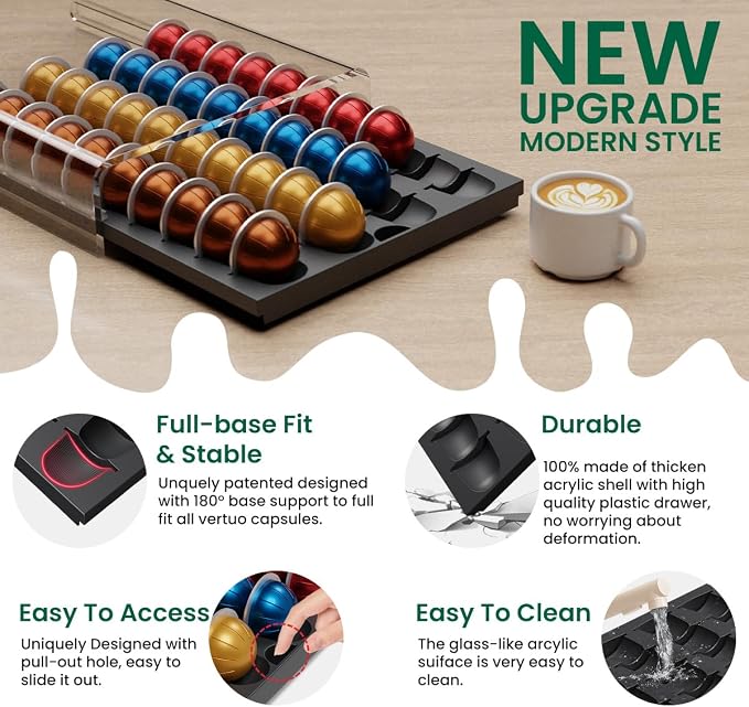 Storage Drawer for Nespresso Vertuo Coffee Pod Holder for Counter Acrylic Coffee Capsule Organizer - 40 Pods