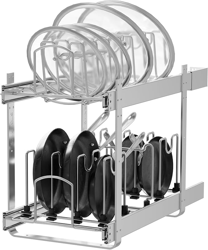 2-Tier Pots and Pans Organizer Under Cabinet Kitchen 12" W *22" D | Pull out Cabinet Organizer for Pots, Pans, and Lid Cookware, Adjustable Heavy Duty Wire Pan and Pot Rack, Full-Extension Rail