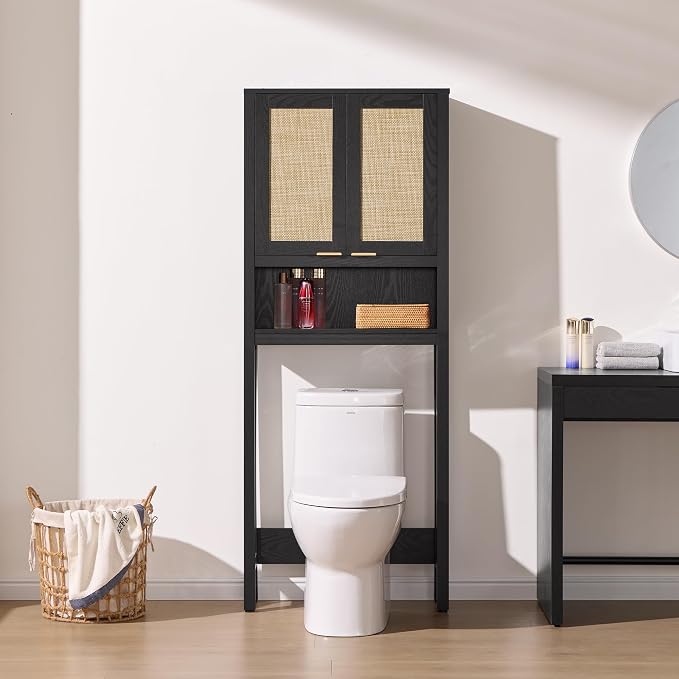 SICOTAS Over the Toilet Storage Cabinet, Rattan Door Bathroom Organizer | Freestanding Bathroom Organizer with Adjustable Shelf, Over Toilet Storage Cabinet for Bathroom, Laundry Room, dnd Restroom