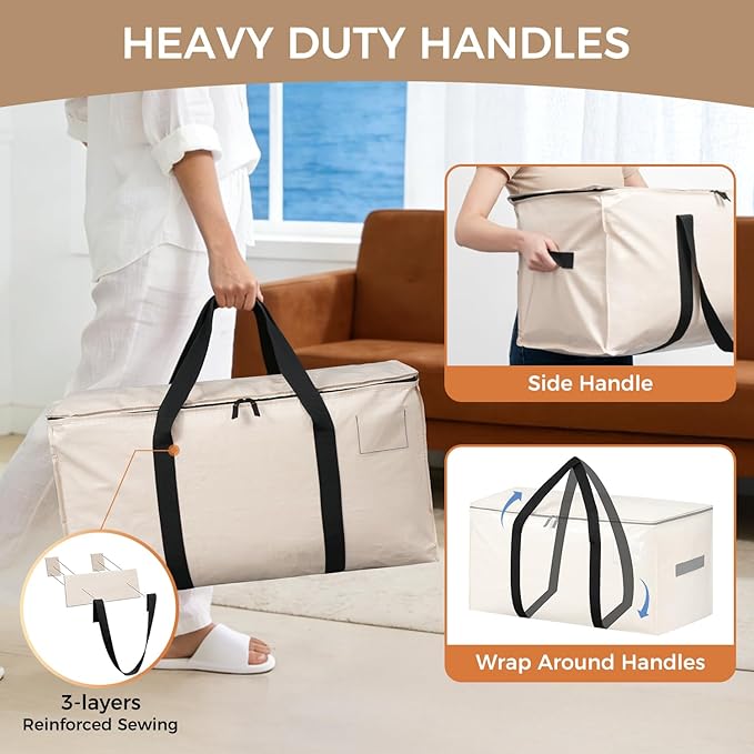 BAGAIL Heavy Duty Moving Bags with Strong Handle, Extra Large Moving Boxes, Storage Tote for Clothes, College Moving Supplies(Beige, 8 Pack)
