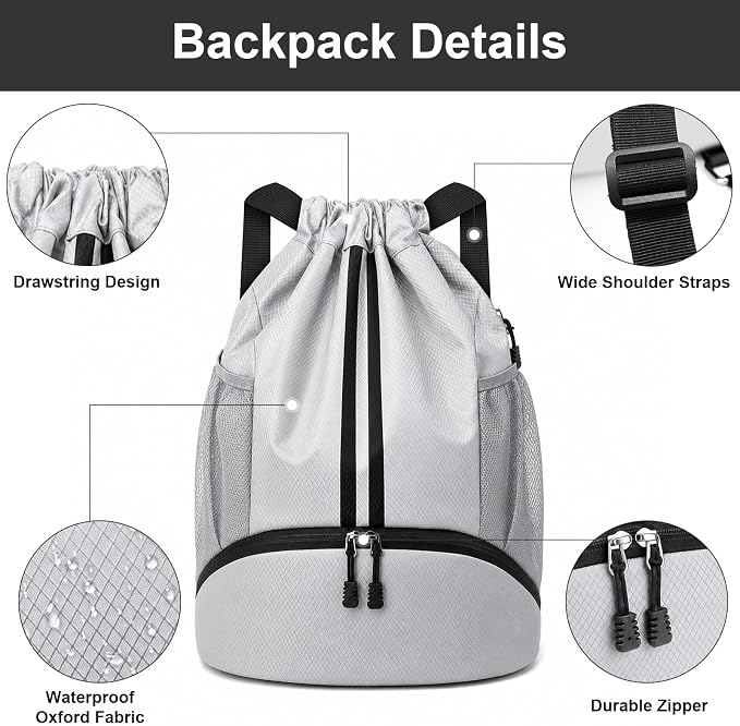 Hoedia Sports Drawstring Backpack - Swim Gym Bag for Women and Men | String Bag with Shoes Compartment and Wet Proof Pocket, Adjustable Wider Shoulder Strap, For Soccer, Basketabll, Volleyball