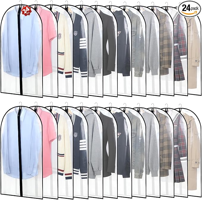 24 Pack Garment Bags for Hanging Clothes, 40" Clear PEVA Garment Bags with Zipper, Dustproof Clothes Covers for Suits, Shirts, Jackets and Dresses, Reusable Hanging Garment Bags for Closet Storage