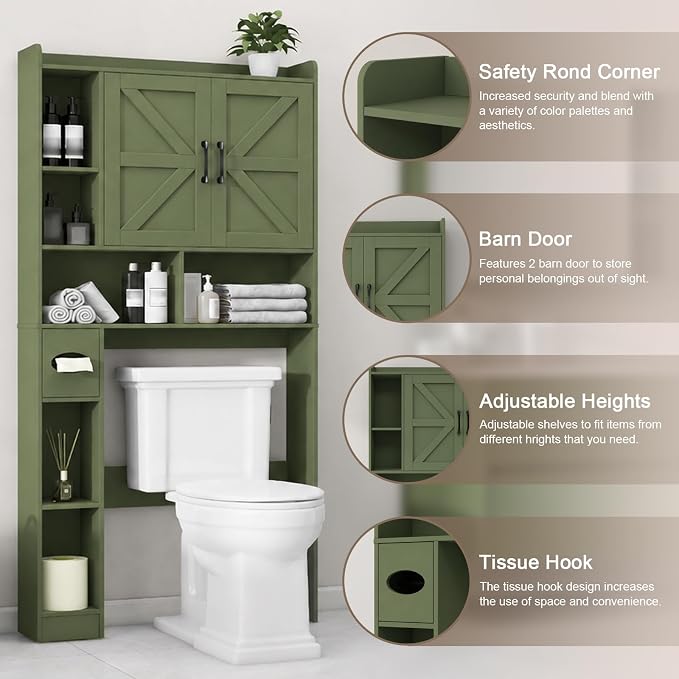 Vabches Over The Toilet Storage Cabinet with 2 Barn Doors, Green | Farmhouse Storage Cabinet with Toilet Paper Holder Stand，Home Space-Saving Toilet Rack, for Bathroom, Restroom, Laundry