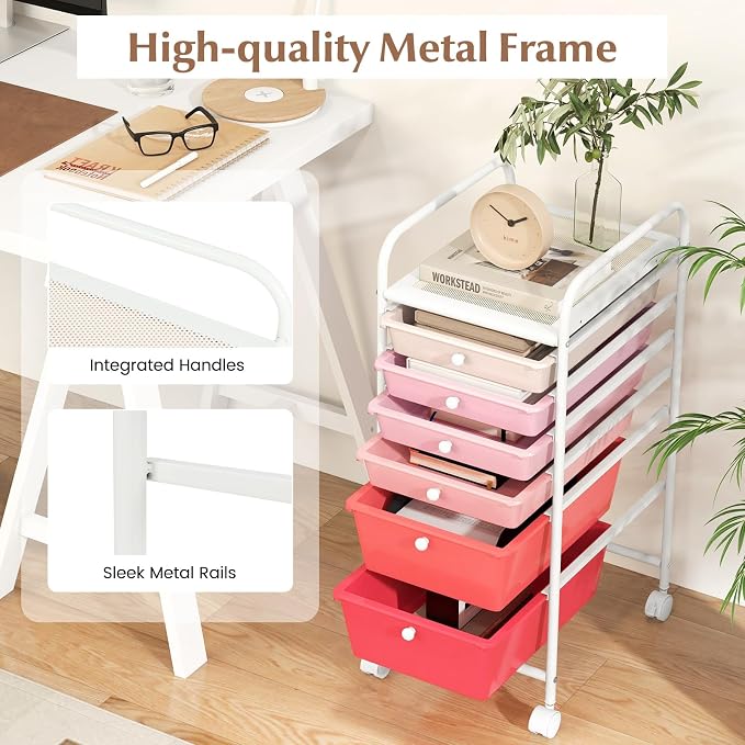 DREAMADE Rolling Cart with Storage Drawers, Utility Cart with Removable Plastic Drawers, Lockable Wheels, Art Cart for Classroom Organization Art Supplies Office Scrapbook (6 Drawers, Mixed-pink)