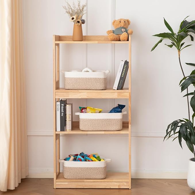 OIAHOMY 3 Pack Storage Baskets for Organizing, Woven Cotton Rope Basket for Shelves, Closet Organizer Bins with Handles, Rectangle Toy Organization, 13.78''×9.84''×5.5'', Brown & White