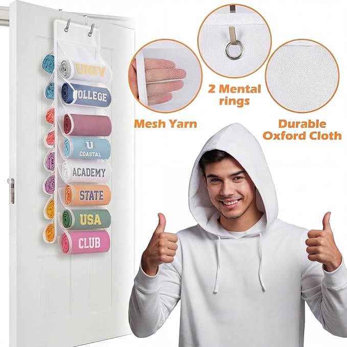 Over The Door Hoodie Organizer, Double Sided Holds 16 T-Shirts, White Hanging Storage with 2 Hooks and Rope for Door Closet Cabinet Use, Ideal for Dorm Rooms Bedroom (White)
