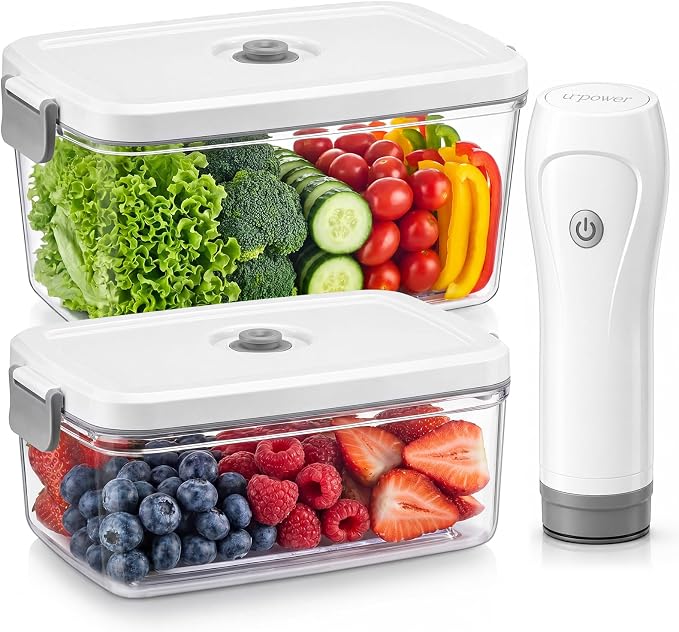URPOWER Compact Vacuum Sealer Set with 2 Vacuum Containers for Food Storage (34 fl oz & 68 fl oz), Handheld Portable Vacuum Pump Vacuum Food Sealer Machine for Food Storage, Travel & Meal Prep