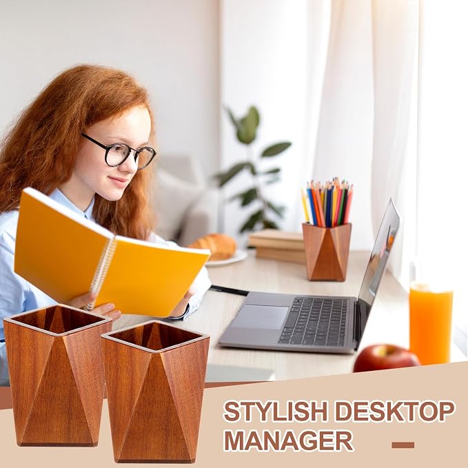 Henoyso 2 Pcs Wood Pen Pencil Holder Geometric Pencil Cup Stand Makeup Organizer for Pen Holder Desk Home Office Adults (Acacia Wood)