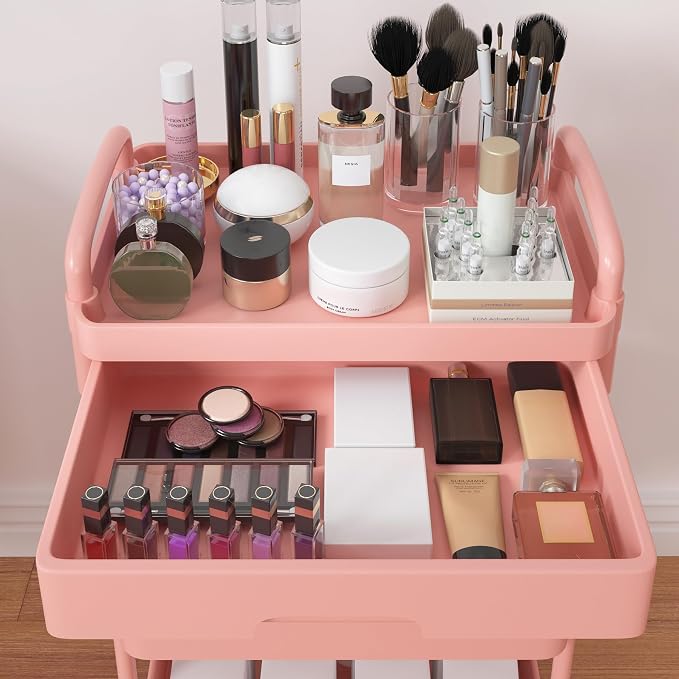 Calmootey 4-Tier Rolling Utility Cart with Drawer,Multifunctional Storage Organizer with Plastic Shelf & Metal Wheel,Storage Cart for Kitchen,Bathroom,Living Room,Office,Pink | Space-Saving Organizer, Sturdy Plastic Shelves, Smooth-Rolling Metal Wheels...