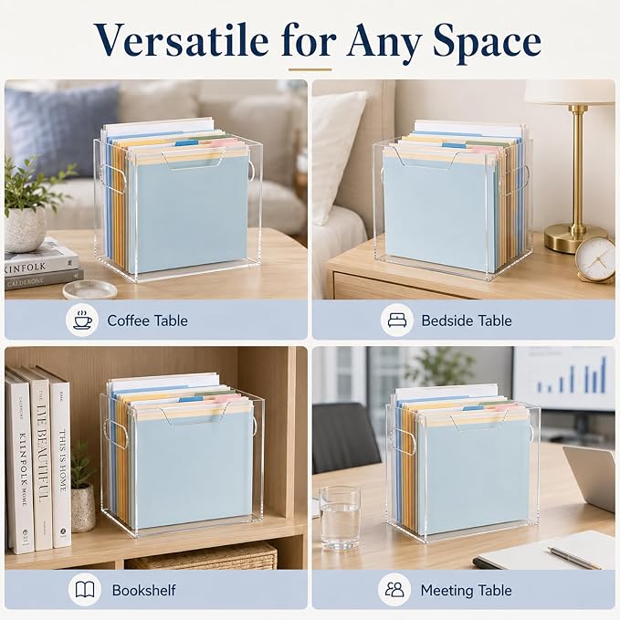 Acrylic File Organizer Box with Handles, Clear | Desktop File Organizer, For Letter Size and A4 Folders, Portable Folder Holder, Includes 4 Non-Slip Pads