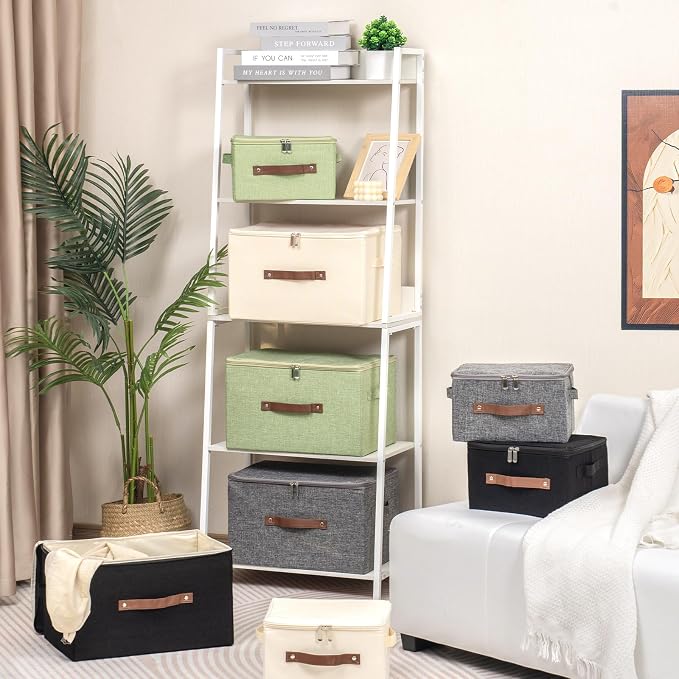3 Pack Storage Bins with Zipper Lid Fabric Lidded Storage Boxes Baskets Cubes Washable Collapsible PU Leather Handle Cotton Linen Fabric Shelf Closet Organizer Container(Black, Small Size)