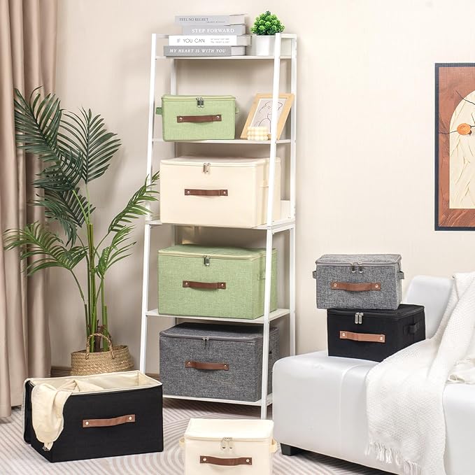 3 Pack Storage Bins with Zipper Lid Fabric Lidded Storage Boxes Baskets Cubes Washable Collapsible PU Leather Handle Cotton Linen Fabric Shelf Closet Organizer Container(Black, Large Size)