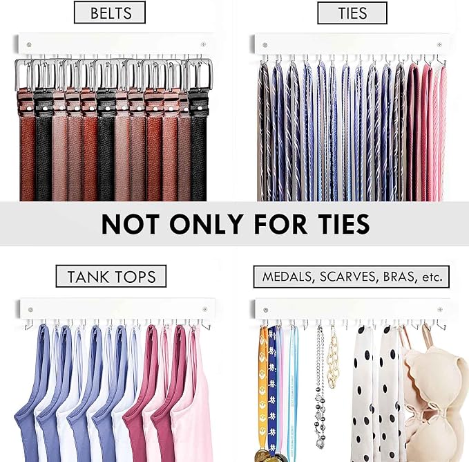 2-Pack Tie Rack Wall Mounted, Wooden Tie Hanger Tie Organizer for Men with 28 Folding Hooks, Space Saving Tie Holder and Belt Rack for Closet, White