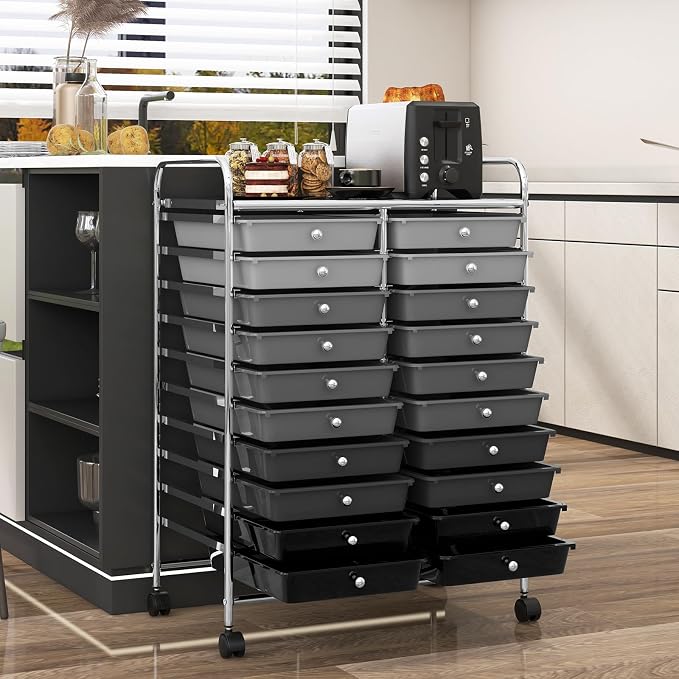 LDAILY 20-Drawer Rolling Storage Cart, Rolling Storage Cart, Storage Organizer on Wheels, Metal Frame, Scrapbook Paper Tools, Suitable for Office School, Classroom (Gradient Grey, 20 Drawer)