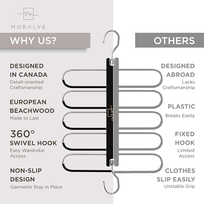 MORALVE Pants Hangers Space Saving - 2 Pack European Beechwood Scarf and Jean Hangers - Closet Organizer and Space Saver Pant Rack, Leggings Hanger, and Scarf Holder with 360° Swivel Hook