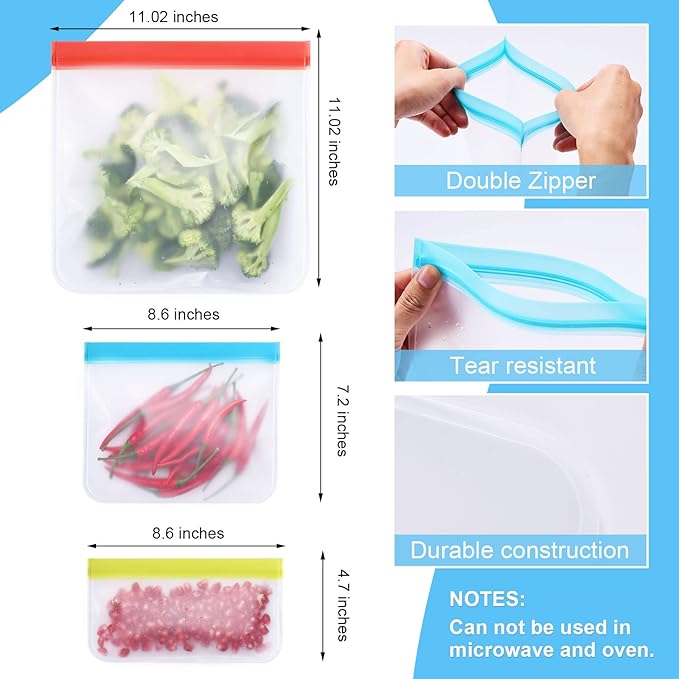 Food Storage Freezer Bags- 24 Pack Leakproof (8 Reusable Gallon Bags + 8 Reusable Sandwich Bags + 8 Reusable Snack Bags) for Meat Fruits and Vegetables.