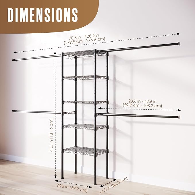 Wall Mounted Closet Organizer, Industrial Pipe Clothing Rack 83" x 50" | Houseables Garment Hanging Storage System Heavy Duty Open Wardrobe For Bedroom Boutique Retail Display 2 Rods, 2 Wood Shelves