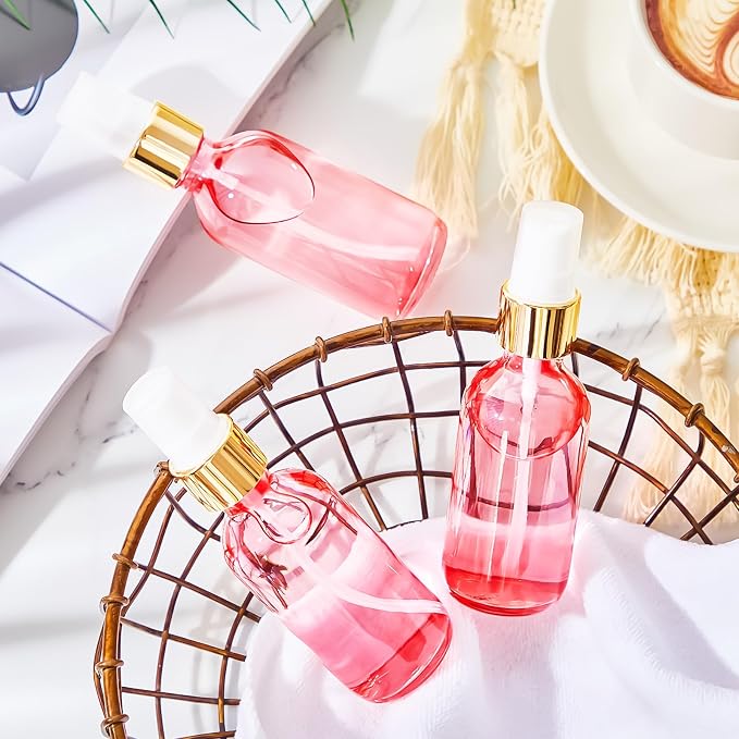 Roshtia 30 Pcs Glass Spray Bottle Clear Empty Bottles Small Refillable Reusable Perfume Bottle with Fine Mist Sprayer Pump for Face Body Travel(2 oz,Rose Gold with Gold Lid)