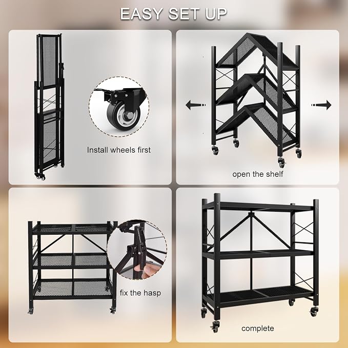 Folding Shelves with Wheels No Assembly, 3-Tier Foldable Metal Shelf Storage Rack for Kitchen, Garage, Vendor Display Events, 39" Lx13 Wx35 H