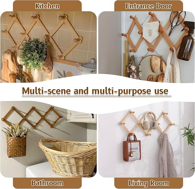Tnstbiee Rustic Adjustable Hanging Herb Drying Rack-Holds 10 Bouquets, Space-Saving Herb Flower Dryer with Adhesive Wall Hooks for Herb Display Rack,Kitchen Wall Décor-Unusual Gifts for Gardener Woman