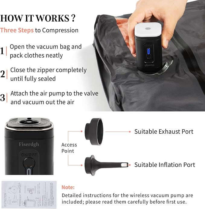 Travel Sealed Compression Bag Set with Illuminated Electric Pump | Odor-Proof and Waterproof Nylon Portable Bags, Space-Saving, Suitable for Onebag Travel, Cycling Trips, Dry/Wet Separation