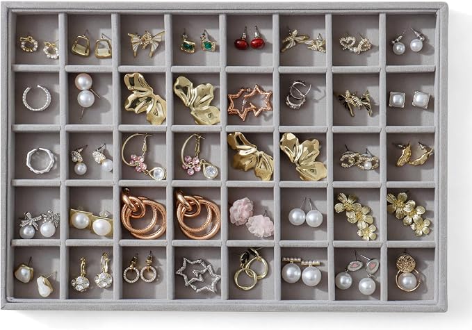 Large Jewelry Organizer for Drawer Insert Velvet Stackable Jewelry Trays for Earring Necklace Bracelet Ring Display (Gray, 40 Grids)