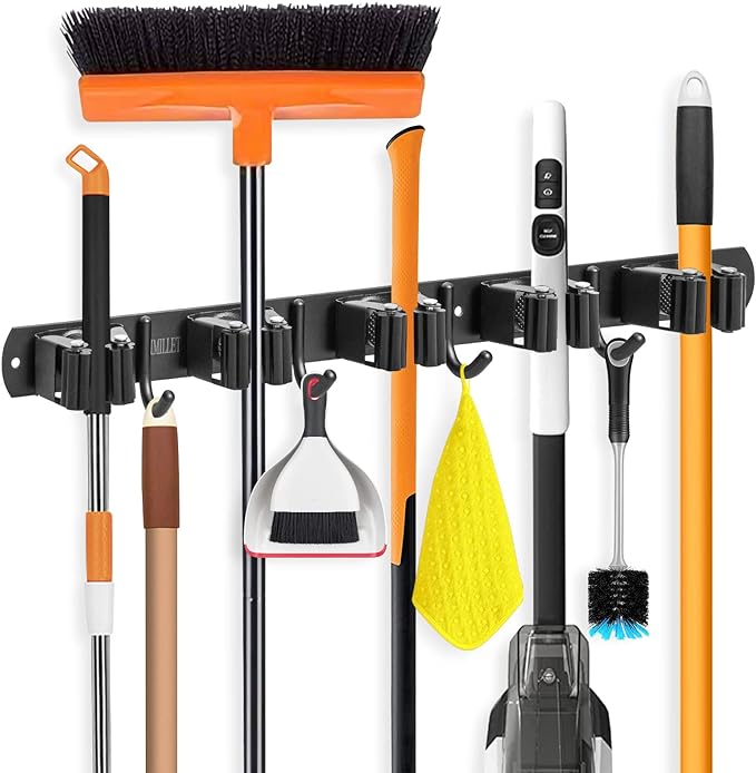 IMILLET Broom Holder Wall Mount, Broom Holder Stainless Steel Heavy Duty Garage Organization Broom Organizer Wall Mount Self Adhesive Laundry Room Organization and Storage（5 Racks and 4 Hooks）