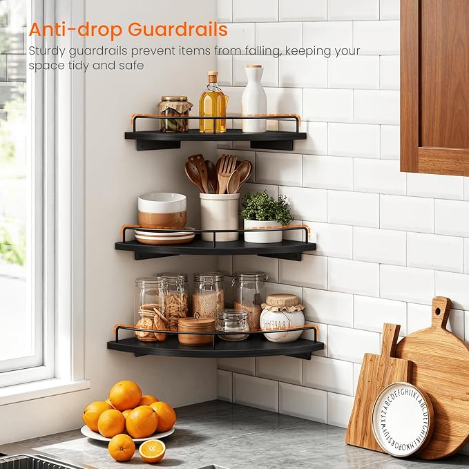 Homode 3 Tier Corner Floating Shelves, Wooden Corner Shelf Wall Mount 9/10/12 Inch with Guardrail, Rounded Hanging Corner Wall Storage Shelving for Bedroom Bathroom Kitchen Office, Black