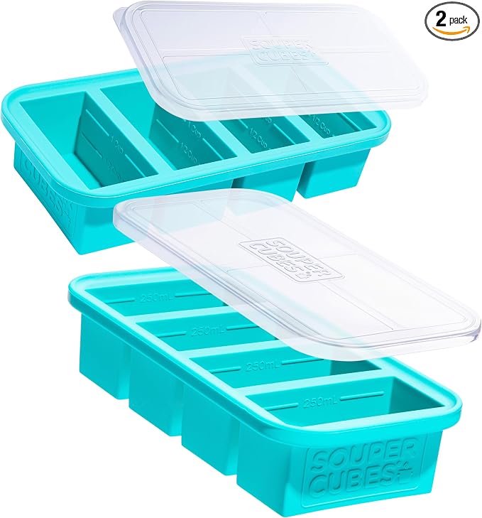 Souper Cubes 1 Cup Silicone Freezer Molds with Lids, Aqua, 2-Pack | 100% Platinum-Cured Silicone Food Mold, Oven and Microwave Safe, Perfect for Freezing Soup, Rice, Protein, Grains and More