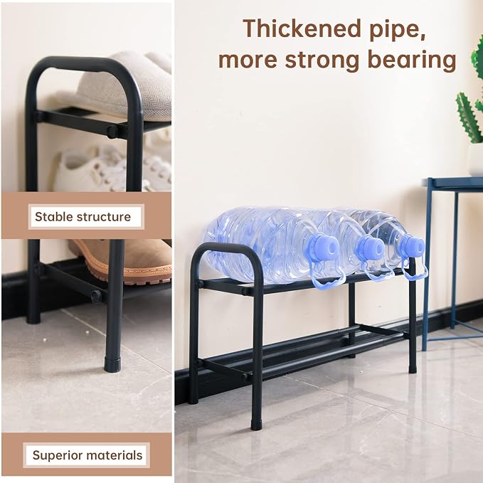 Gonfoam Expandable 2-Tier Shoe Rack for Closet and Entryway, Black | Tool-Free Assembly, Metal Material, Adjustable Shoe Organizer, Sturdy, Small Space Solution, Dorms, Garages, Apartments.