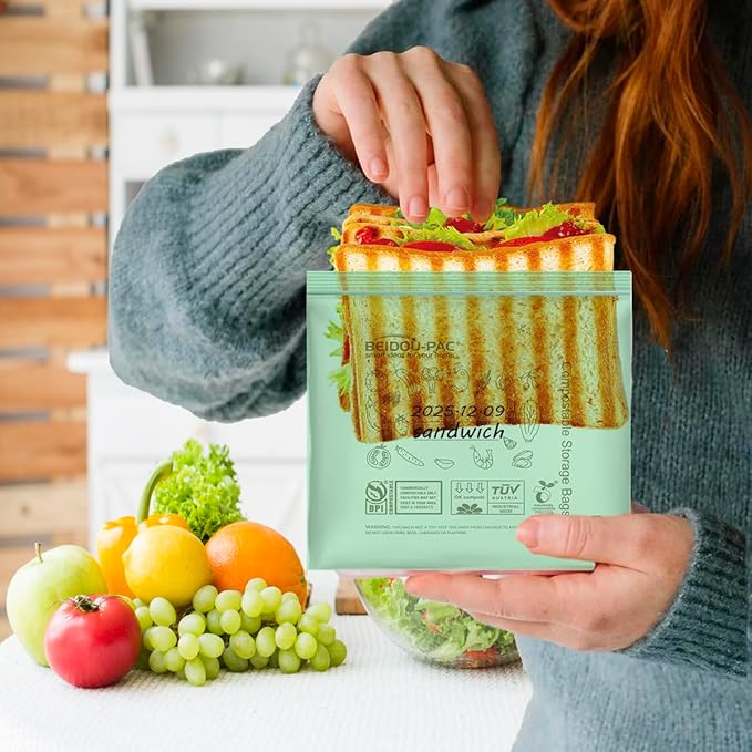 BEIDOU-PAC Compostable Sandwich Food Storage Freezer Bags, 80 Count | 2 Mil | 6.5 IN x 5.8 IN, Freshness Easy Open Biodegradable Eco-Friendly Reclosable Compost Zip Bags