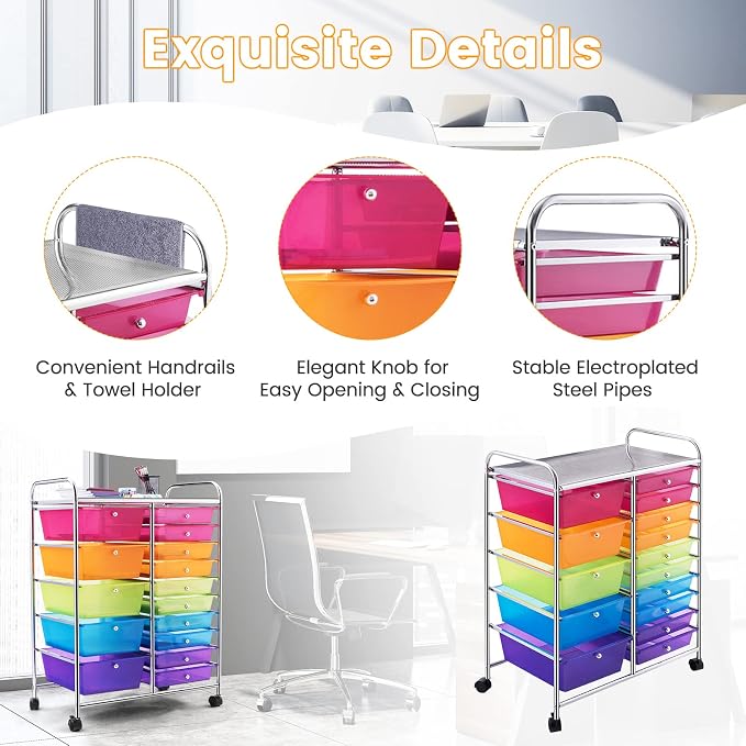 DREAMADE Rolling Cart with 15 Drawers, Utility Cart with Removable Storage Drawers, Lockable Wheels, Art Cart for Home Office Living Room Art Supplies Crafts (Rainbow, 25"L x 14.5"W x 34.5"H)