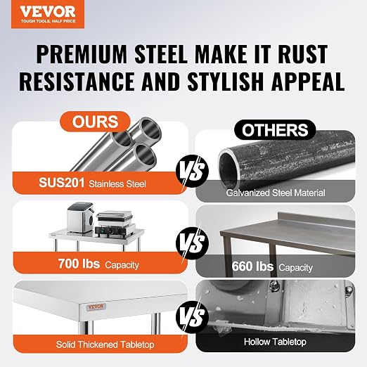 VEVOR Stainless Steel Work Table 30 x 12 x 34 Inch, 700 LBS Load Capacity with 4 Wheels, 3 Adjustable Height Levels, Heavy Duty Food Prep Worktable for Commercial Kitchen Restaurant, Silver