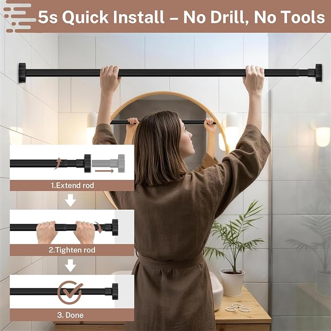 Shower Curtain Rod Tension No Drill Adjustable 48-74 Inch, Black | One-Piece Single Telescopic Rod No Splicing, 1" Diameter Anti-Rust Heavy Duty for Bathroom Window Room Divider Bedroom Closet