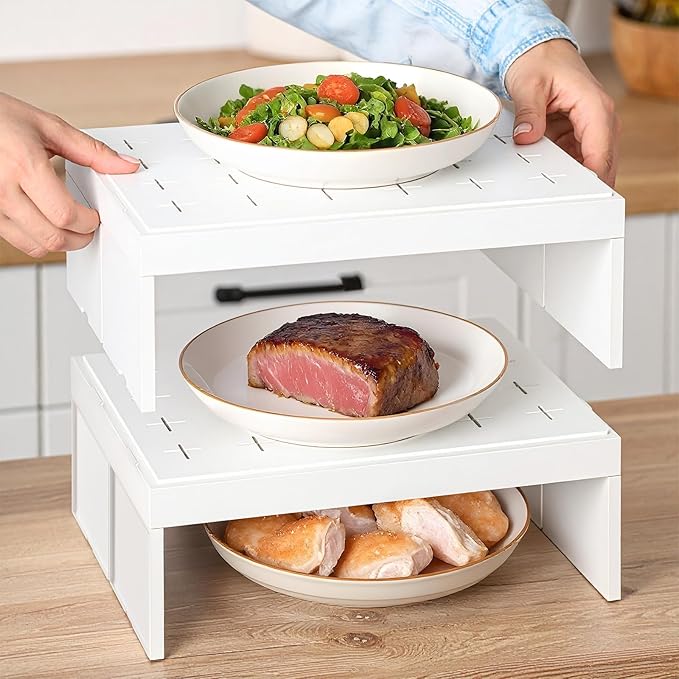 2 Pcs Paper Plate Dispenser and Paper Bowl Dispenser, Space-Saving Plastic, Foam, Disposable Plate and Bowl Organizer, Stackable Kitchen Organizer for Cabinet, Countertop, Shelf (White)