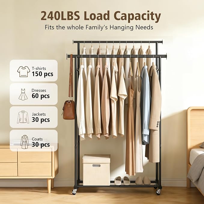 Clothes Rack,Rolling Clothing Rack for Hanging Clothes, Garment Rack Sturdy Clothing Rack Portable Wardrobe Rack Metal Closet Rack for Bedroom Laundry Living Room, Black